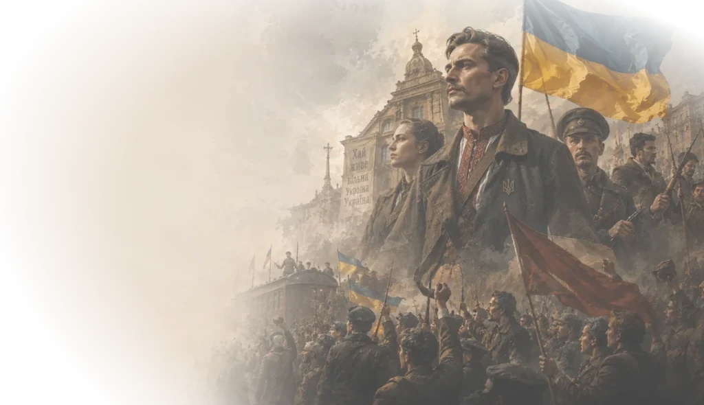 Юнак із синьо-жовтим прапором серед мітингу доби Української революції
