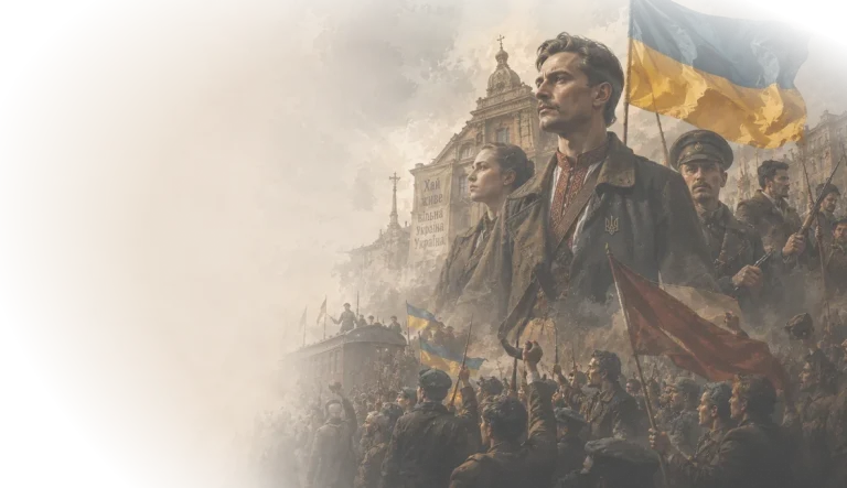 Юнак із синьо-жовтим прапором серед мітингу доби Української революції
